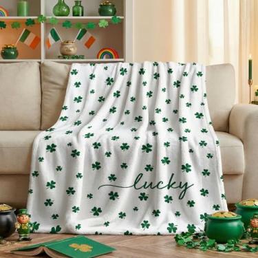 Imagem de Horaldaily Cobertor de flanela para o dia de São Patrício, trevo irlandês, branco, macio, felpudo, aconchegante, cobertores de lã para sofá, cama, presente ideal para crianças e adultos, 152 x 203 cm