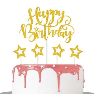 Imagem de 5PCS Glitter Happy Birthday Cake Topper Set with Hollow Star Decorations, Multi - Color Cake Decor Supplies for Birthday Party Dessert Table Decorations, gold