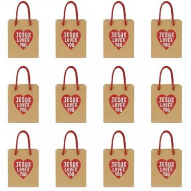 Imagem de Fullhawl 24 peças de mini sacos de presente de Dia dos Namorados Jesus Loves You Small Heart Goodie Favor Sacos de papel com alça 10 x 10 x 7 cm para eventos cristãos (papel kraft)