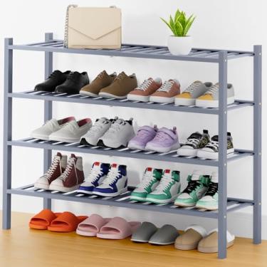 Imagem de Smiry Sapateira, organizador de sapatos de bambu longo de 4 camadas de espessura, prateleira empilhável de madeira para armário, entrada, entrada da porta da frente, cinza