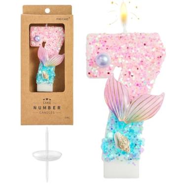 Imagem de PHD CAKE Velas de aniversário de sereia azul rosa número 7, número 7, velas com número de sereia, velas com número de bolo, celebração de festa