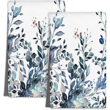 Imagem de MATEKULI Toalhas de cozinha de eucalipto azul branco e azul, 2 unidades absorventes de secagem rápida aquarela folha de flor da marinha toalhas de prato botânicas com laço para pendurar, toalhas de