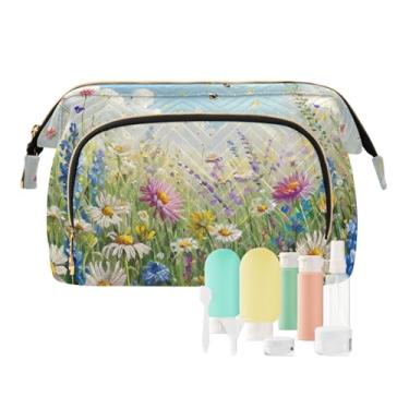 Imagem de TSENQUE Bolsa organizadora de maquiagem de mármore roxo de grande capacidade com conjunto de acessórios de 9 peças, bolsas de cosméticos femininas para bolsa, Wildflowers08, one size