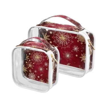 Imagem de GAIGEO Conjunto de bolsa de maquiagem transparente para neve azul com árvore de Natal e flocos de neve, bolsa transparente para viagem, aprovada pela Tsa, pacote com 2, Natal vermelho com flocos de