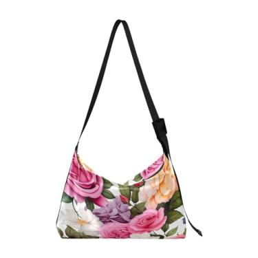 Imagem de Bolsa tiracolo de couro com pintura abstrata dourada e preta branca, bolsas Hobo grandes para mulheres, Aquarela rosa floral - 1, One Size