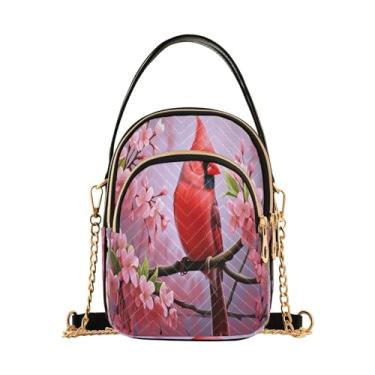 Imagem de Lindos pavões em ramos com bolsa de mão pequena de frutas com alça de ombro, bolsas de ombro transversais para mulheres, Pássaro vermelho no ramo das flores cor-de-rosa - 2, One Size