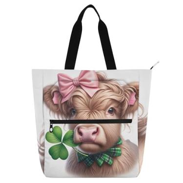 Imagem de GAIGEO Linda bolsa de ombro Highland Cow Shamrock para crianças, mulheres, escola, professor, trabalho, zíper, reutilizável, bolsa de ombro com compartimento