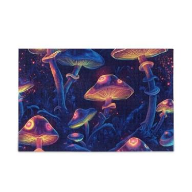 Imagem de Quebra-cabeça de 500 peças de cogumelos neon, quebra-cabeças engraçados de papel e composto de madeira para adultos com bolsa de armazenamento