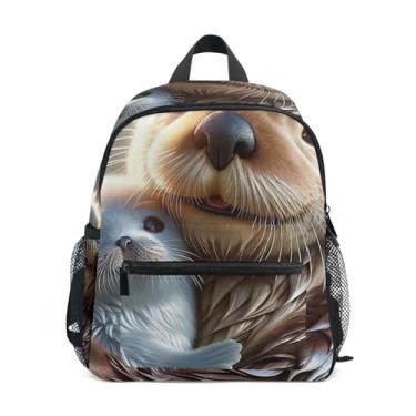 Imagem de GAIGEO Sea Otter Seal Animals Backpack for Kids 10x4x12 In, Kindergarten Backpack for Boys with Water Bottle Pockets, Whistle Buckle