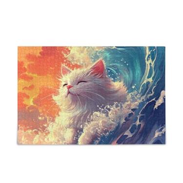 Imagem de Quebra-cabeças de 500 peças para gatos surfando no oceano, madeira e papel, quebra-cabeças complexos para adultos
