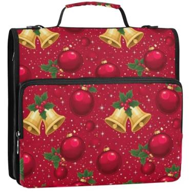 Imagem de Organizador de fichário de azevinho com zíper Christmas Bells, 3 anéis, bolsa escolar resistente com alça de ombro, suporte para 500 lençóis, 34,5 x 31,5 x 9 cm