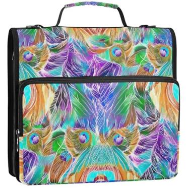 Imagem de Penas de pavão coloridas, 3 anéis, 3 anéis, bolsa organizadora de fichários escolares com alça de ombro, suporte para 500 lençóis, 34,5 x 31,5 x 9 cm