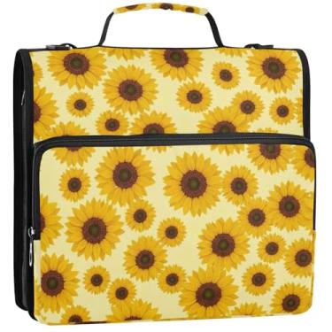 Imagem de 3 anéis de girassóis amarelos resistentes de 3,5 polegadas, organizador de fichários escolares com alça de ombro, portfólio e estojo de desenho animado, 34,5 x 31,5 x 9 cm