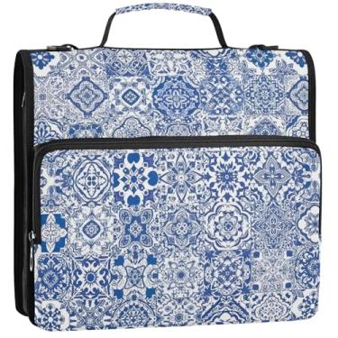 Imagem de Azulejo de cerâmica azul branco 3 fichários anel D 1,5 polegadas D organizador de fichário bolsa de fichário ensino médio com alça vários bolsos pasta grande portfólio, 34,5 x 31,5 x 9 cm