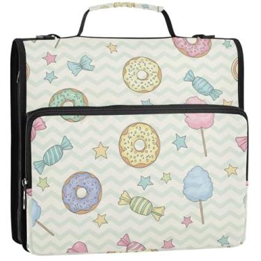 Imagem de Organizador de fichário com zíper, rosquinhas coloridas pastel, 3 anéis, 3 anéis, bolsa básica para fichário do ensino médio com alça para portfólio para 500 folhas, 34,5 x 31,5 x 9 cm