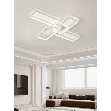 Imagem de Luminária de teto decorativa moderna em LED, estilo nórdico, com intensidade regulável, função de memória e controle remoto para sala de estar, quarto e sala de TV (branca, 130 cm).