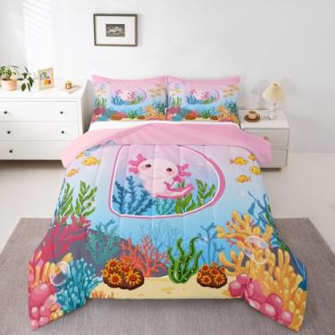 Imagem de Erosebridal Conjunto de edredom fofo com letra D, rosa, kawaii, axolotl, para meninas, com desenho animado do alfabeto, letras A-Z, azul, oceano, vida marinha para crianças, adolescentes e adultos