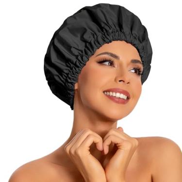 Imagem de Touca de banho reutilizável para mulheres, grande touca de banho impermeável lavável faixa elástica chapéu de cabelo para cabelo longo, tranças (preto)