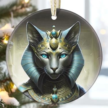 Imagem de Ornamento de Natal de gato egípcio de cerâmica de 9 cm - decoração de Natal para gatos, lembrança de relíquia de família, ideia de presente