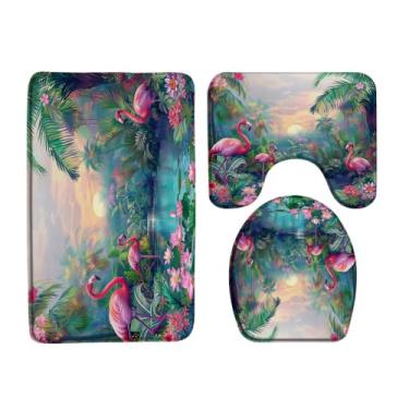 Imagem de ZNLSU Conjunto de 3 peças de tapete de banho floresta tropical rosa flamingo verde planta flor colorida selva vida selvagem natureza conjunto de tapete de banheiro cênico, 40,6 cm x 61 cm, capa de