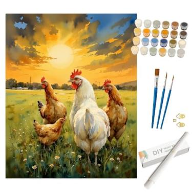 Imagem de Kit de pintura de fazenda por números para adultos – Pintura DIY de galinhas no campo ao pôr do sol enrolada em tela 40 x 50 cm, conjunto de tinta acrílica, adequado para iniciantes, arte para