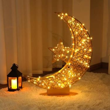 Imagem de Tujoe Ramadã lua estrela luz suporte Eid Mubarak lua crescente Eid Mubarak luz noturna artesanato muçulmanos islâmicos Ramadã decoração presente estrela com luzes LED de fadas para festas festivas