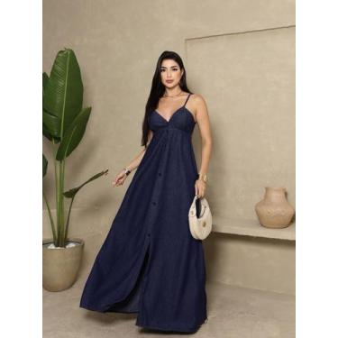Imagem de Vestido longo Jeans azul com alças botões luxo Vestido Jeans Feminina 