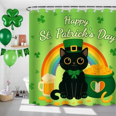 Imagem de LSYDCARM Cortina de chuveiro do Dia de São Patrício, cortina de chuveiro do dia de São Patrício com gato preto e arco-íris, cortina de banheiro de gato preto de São Patrício com ganchos, cortina de