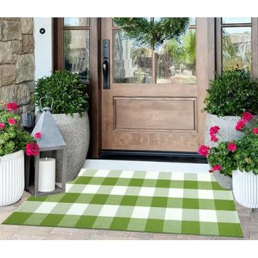 Imagem de Tapete verde e branco para varanda frontal 6 cm x 10 cm xadrez xadrez xadrez tapete de porta de algodão lavável em camadas para tapete de boas-vindas entrada quarto sala de estar