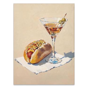 Imagem de FoxUncle Arte de parede engraçada cozinha comida e bebida cachorro-quente e sujo martini pôster coquetel natureza morta impressões em tela moderno bar carrinho decoração de parede para sala de jantar