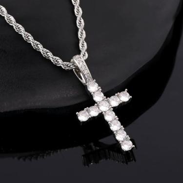 Imagem de Colar de cristal masculino com pingente de cruz, joia com elos cubanos, corrente brilhante para acessórios, 23.6IN, Liga de aço, Sem Pedra Preciosa