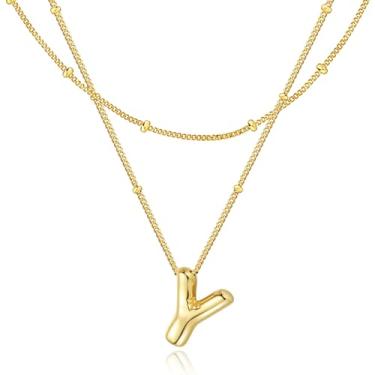 Imagem de Colar feminino com letras de bolha, banhado a ouro 14 quilates, com pingente de letra inicial, joia personalizada A - Z 26 letras, Zinco, Sem Pedra Preciosa