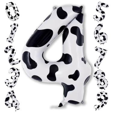 Imagem de Balão número 4 com estampa de vaca de 101 cm, grande, autoinflável, folha de fazenda, 4 balões numéricos, 0-9, conjunto digital de 4 balões de hélio para meninas, meninos, 4 anos, boho, mulheres