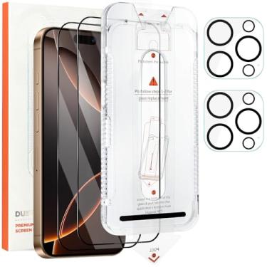 Imagem de Jngnpn Pacote com 2 protetores de tela para iPhone 16 Pro Max com 2 protetores de lente de câmera, alinhamento automático, filme de vidro temperado premium, dureza 9H, livre de poeira, resistente a