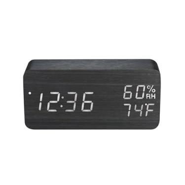 Imagem de Relógio de Alarme Digital LED Madeira com Controle Som Alimentação via USB Bateria Dimmer Higrômetro e Termômetro Intern