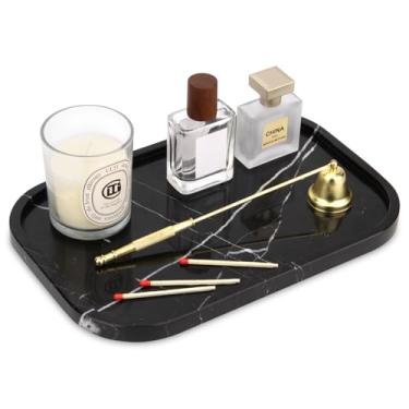 Imagem de Bandeja de banheiro de mármore, bandeja de mesa de cozinha de mármore natural, organizador de servir de bancada decorativa de pedra para cômoda, café, perfume, joias, maquiagem (1, marquina preta L