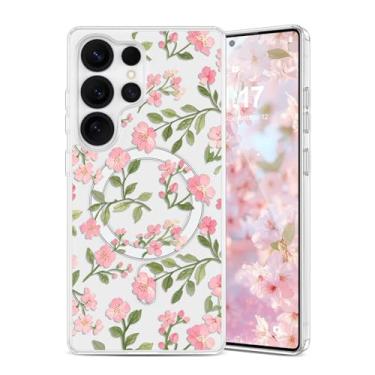 Imagem de EYZUTAK Capa magnética para Samsung Galaxy S25 Ultra com flores compatível com MagSafe, bonita floral elegante e estética capa protetora transparente antiamarelamento para meninas e mulheres - rosa