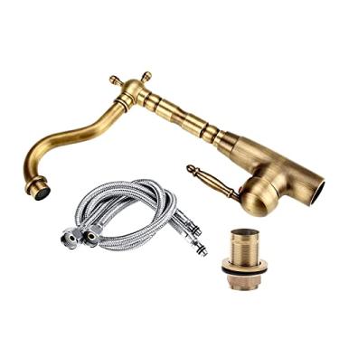 Imagem de FTVOGUE Torneira de Pia de Banheiro de Latão Antigo, Torneira Misturadora de Alavanca única Com Válvulas de Cerâmica e Mangueiras Flexíveis para Vaidade de Bacia