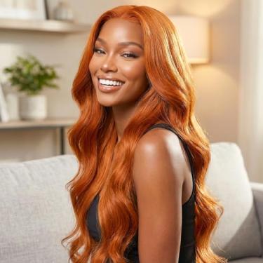 Imagem de Peruca de cabelo humano ondulado frontal ondulado de 66 cm, 33 x 10 destaques ombré frontal de renda transparente, peruca sem cola pré-arrancada para mulheres laranja-vermelho