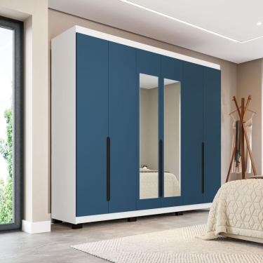 Imagem de Guarda-roupa Casal 6 Portas com Espelho Madrid Azul/Branco
