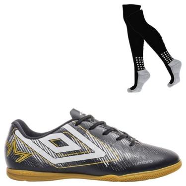 Imagem de Kit Chuteira Futsal Umbro Heatmap e Meião, 40, Preto, Dourado, Masculi