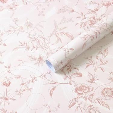 Imagem de Dimoon Papel de parede rosa floral rosa papel de parede vintage francês amigável para locatários 43 x 90 cm, papel de parede texturizado para banheiro, quarto, armários, rolo de vinil removível