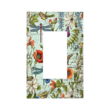 Imagem de Placa de parede com padrão de flores de libélula borboleta única interruptor decorativo placa de tomada elétrica adequada para banheiro, cozinha, sala de estar, quarto