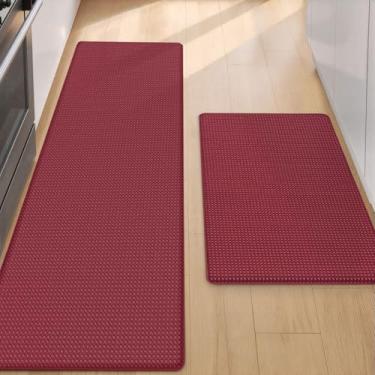Imagem de Tapetes de cozinha Color G, conjunto de tapetes de cozinha 2 peças tapete de cozinha tapete de cozinha tapete de chão de cozinha, tapete de cozinha almofadado antifadiga antiderrapante à prova d'água conforto tapete de cozinha, 43 x 73 cm + 43 cm x 150 cm, vermelho