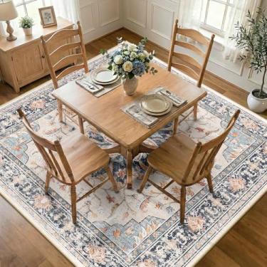 Imagem de RELEANY Tapetes quadrados de 2,1 m, lavável, antiderrapante, floral, vintage, estampa de angústia, tapete medalhão para sala de estar, quarto, sala de jantar, bege, azul marinho, laranja, colorido