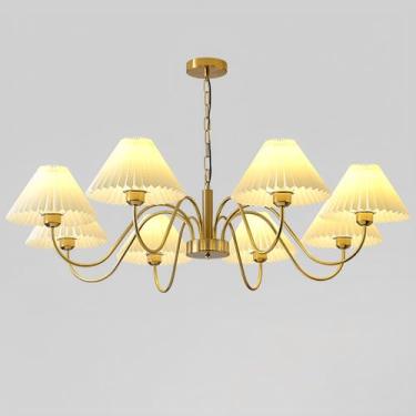 Imagem de Lustre moderno dourado para interiores com cúpula de tecido plissado, ideal para cozinha, quarto, escritório, sala de estar, sala de estudos e sala de jantar. Iluminação pendente.