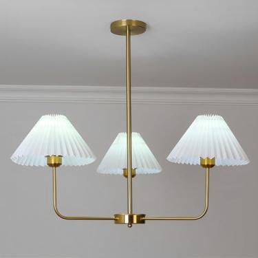 Imagem de Lustre vintage dourado com cúpula de tecido plissado, luminária pendente, estilo moderno de meados do século XX, lustre grande para sala de estar, sala de jantar, escritório, cozinha e quart