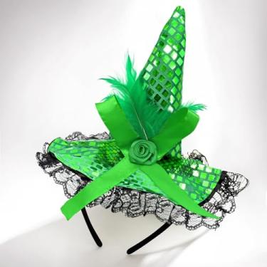 Imagem de ZeeDix Tiara verde de penas de bruxa de Halloween - acessório de cabeça de bruxa para fantasia de Halloween, suprimentos de baile de máscaras