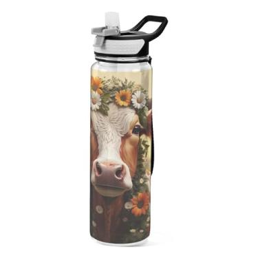 Imagem de Burbuja Garrafa de água vintage de vaca de 940 ml com tampa de palha, à prova de vazamento e livre de BPA para academia, esportes ao ar livre