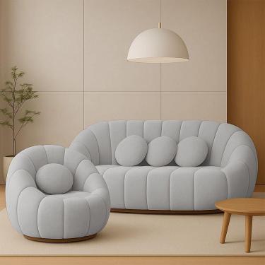 Imagem de Sofá 2 Lugares Com Poltrona Orgânica Fixa Cloud Bouclê Cinza Claro E03 - D`rossi